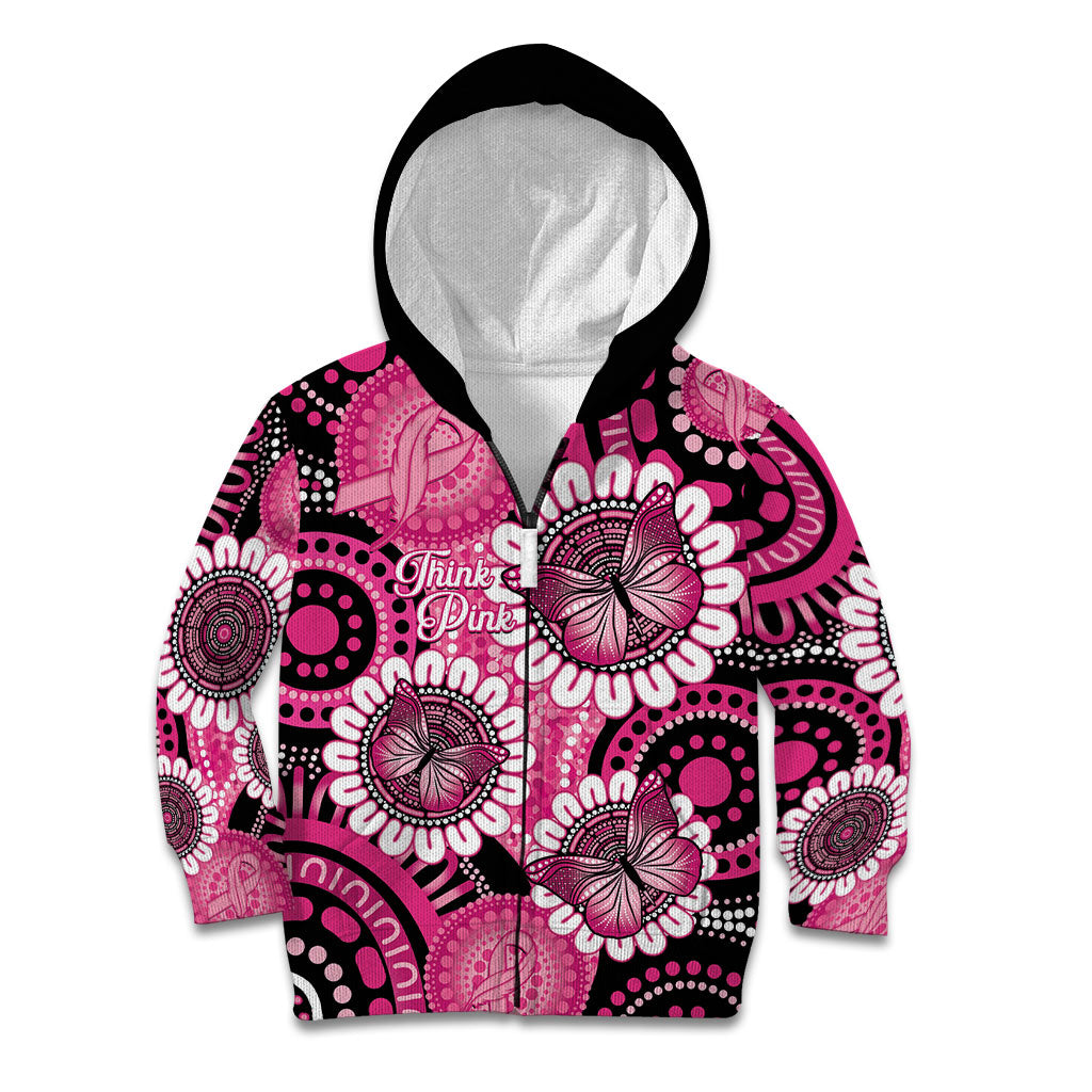 Personalised Australia Indigenous Kid Hoodie Breast Cancer Ribbon Think Pink - Black Version