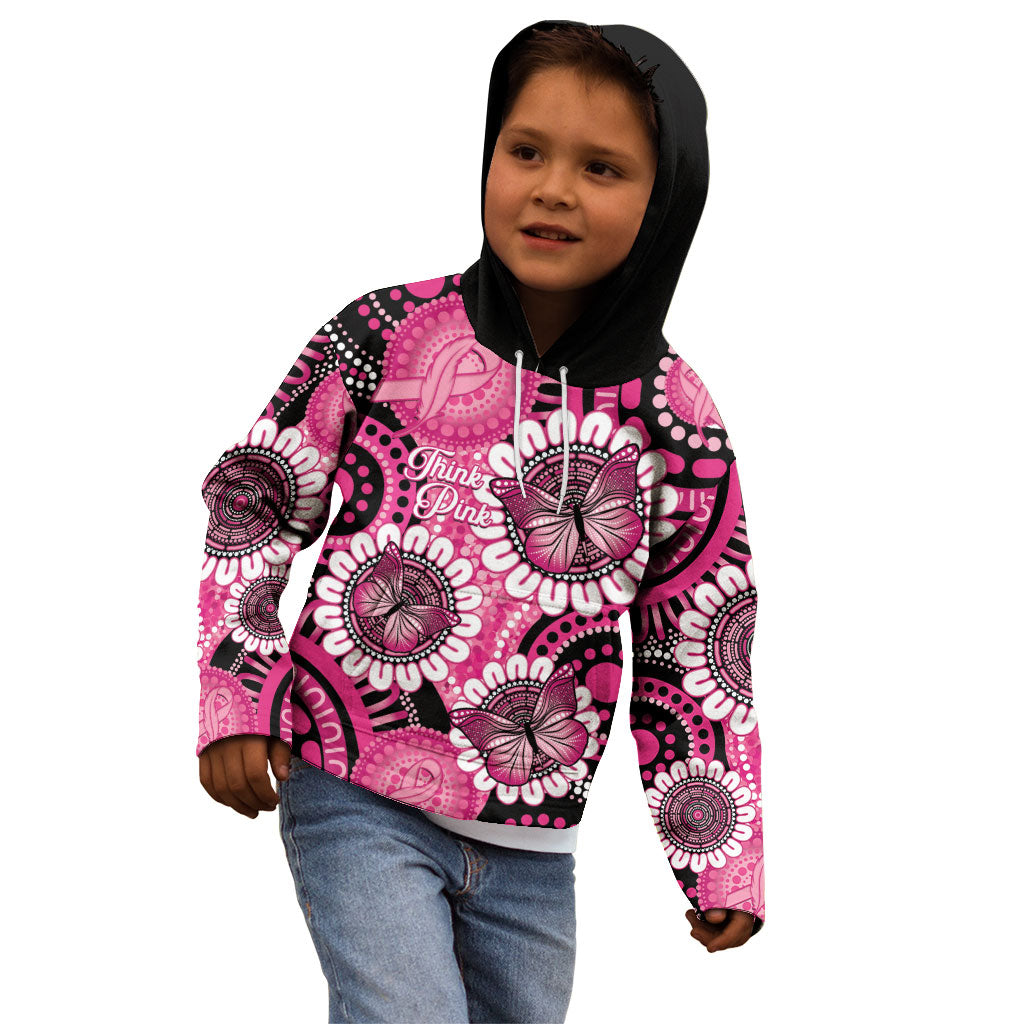 Personalised Australia Indigenous Kid Hoodie Breast Cancer Ribbon Think Pink - Black Version