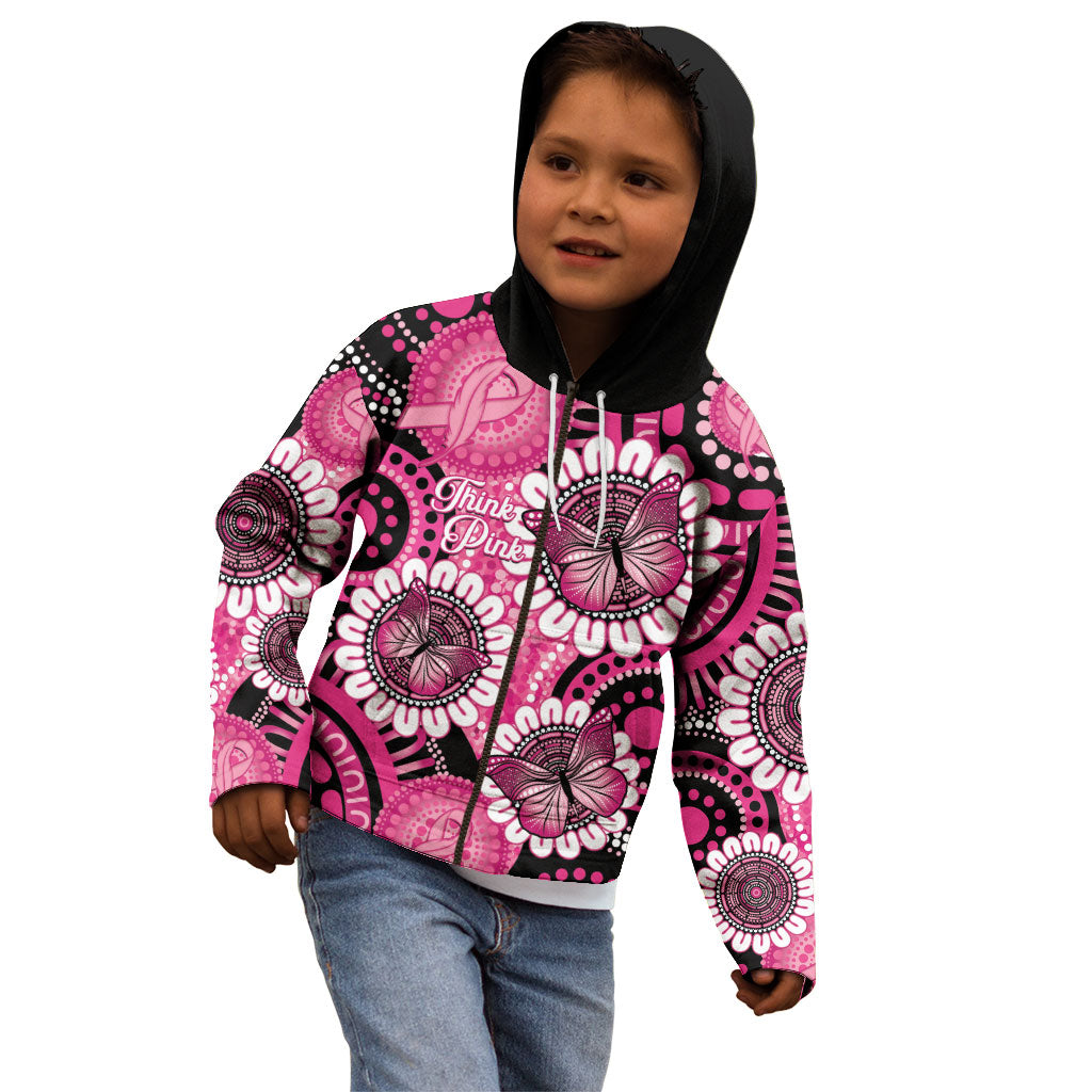 Personalised Australia Indigenous Kid Hoodie Breast Cancer Ribbon Think Pink - Black Version