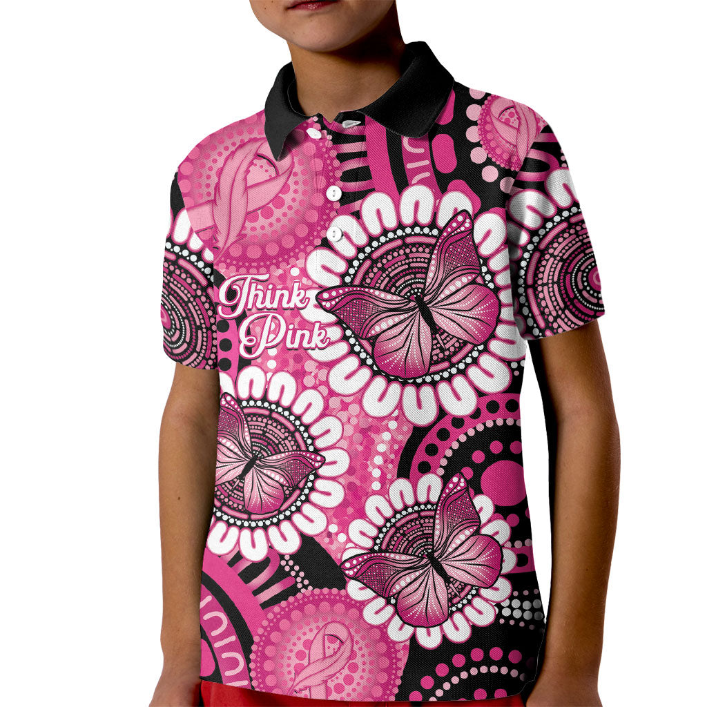 Personalised Australia Indigenous Kid Polo Shirt Breast Cancer Ribbon Think Pink - Black Version