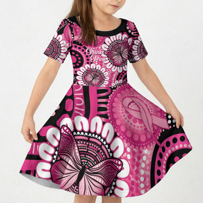 Personalised Australia Indigenous Kid Short Sleeve Dress Breast Cancer Ribbon Think Pink - Black Version