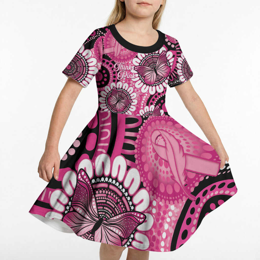 Personalised Australia Indigenous Kid Short Sleeve Dress Breast Cancer Ribbon Think Pink - Black Version