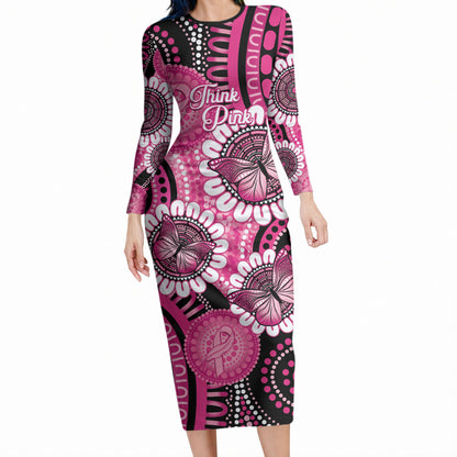 Personalised Australia Indigenous Long Sleeve Bodycon Dress Breast Cancer Ribbon Think Pink - Black Version