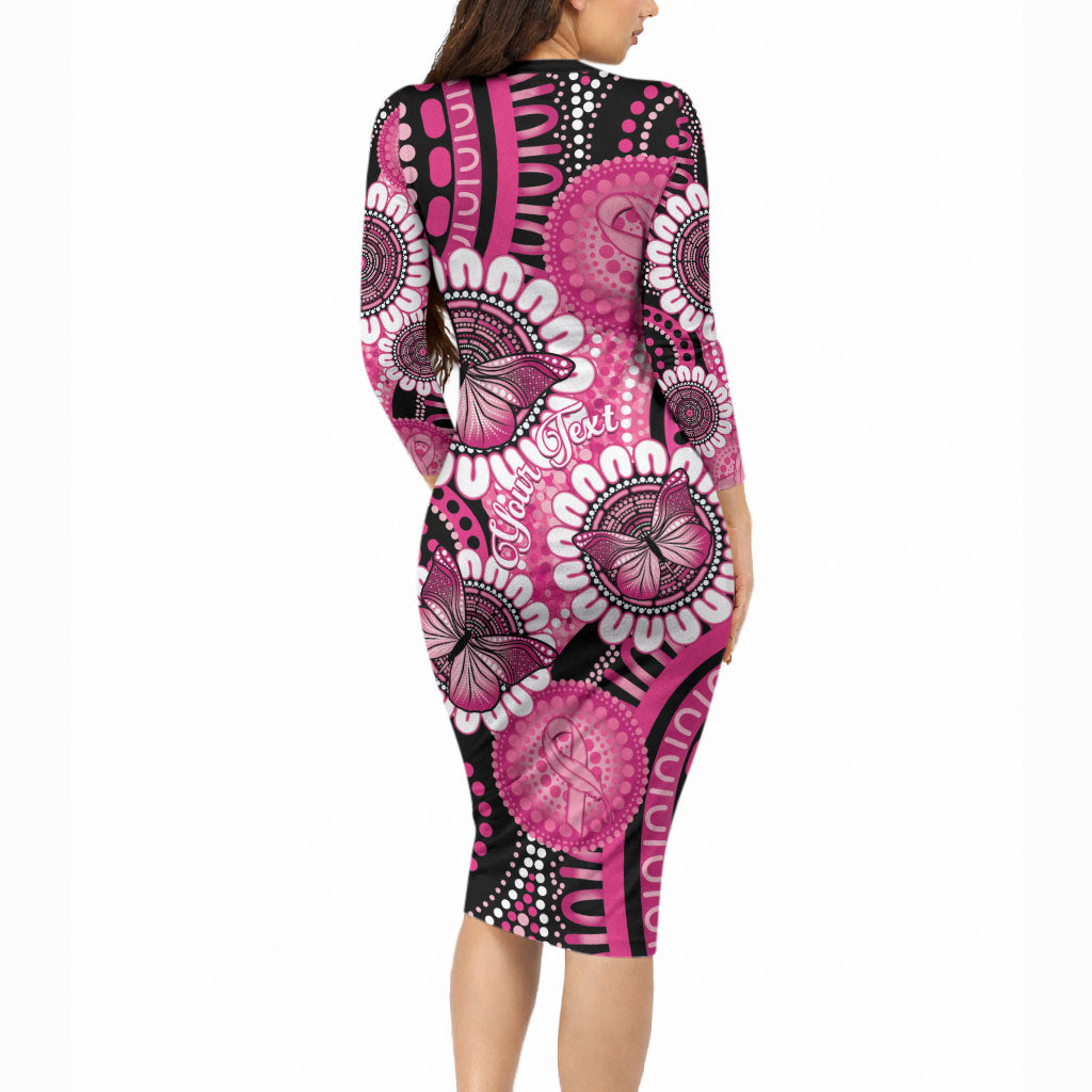 Personalised Australia Indigenous Long Sleeve Bodycon Dress Breast Cancer Ribbon Think Pink - Black Version