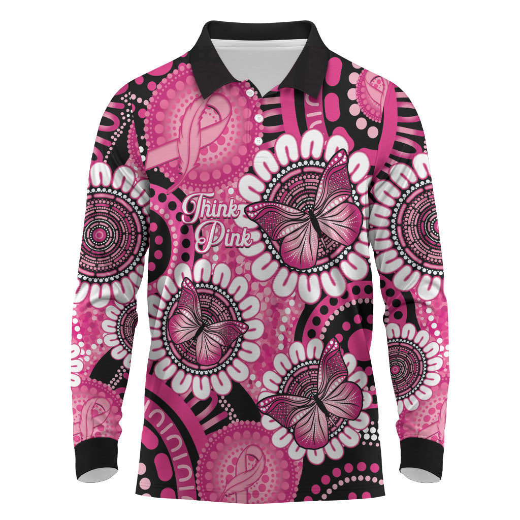 Personalised Australia Indigenous Long Sleeve Polo Shirt Breast Cancer Ribbon Think Pink - Black Version