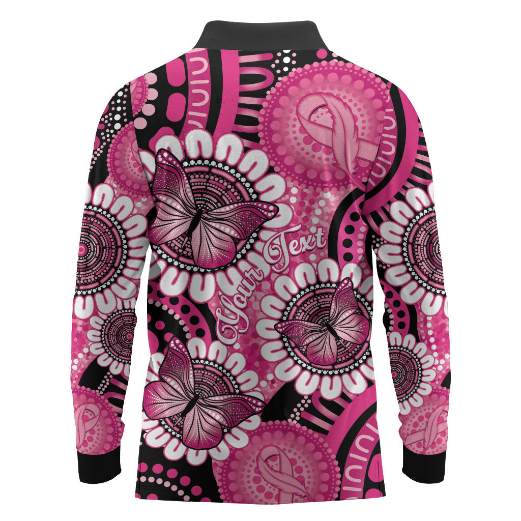 Personalised Australia Indigenous Long Sleeve Polo Shirt Breast Cancer Ribbon Think Pink - Black Version