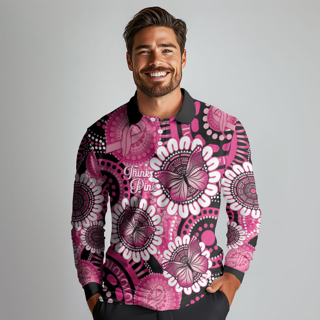 Personalised Australia Indigenous Long Sleeve Polo Shirt Breast Cancer Ribbon Think Pink - Black Version