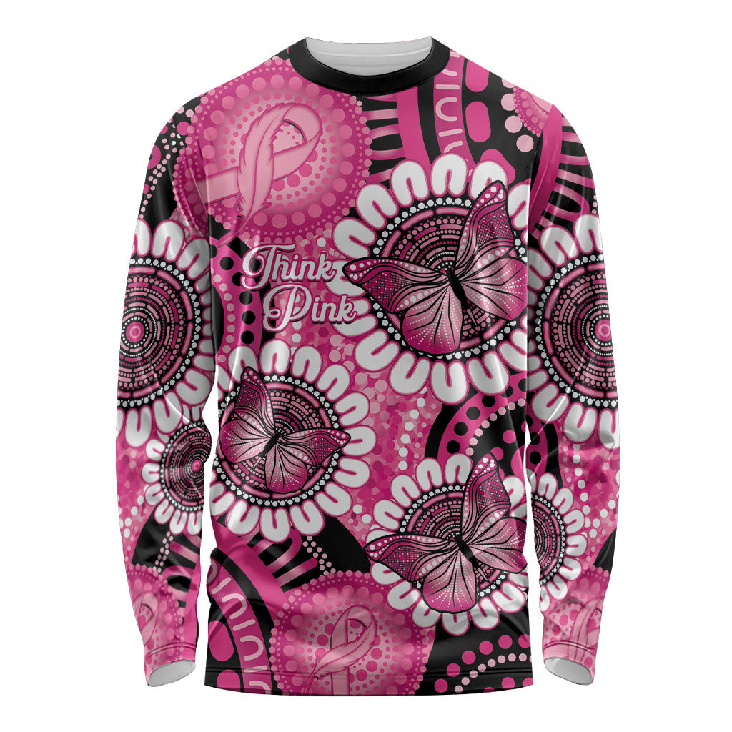 Personalised Australia Indigenous Long Sleeve Shirt Breast Cancer Ribbon Think Pink - Black Version