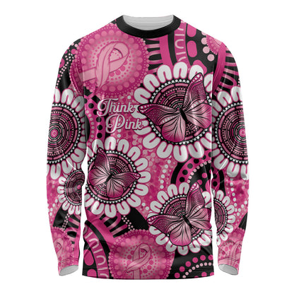 Personalised Australia Indigenous Long Sleeve Shirt Breast Cancer Ribbon Think Pink - Black Version