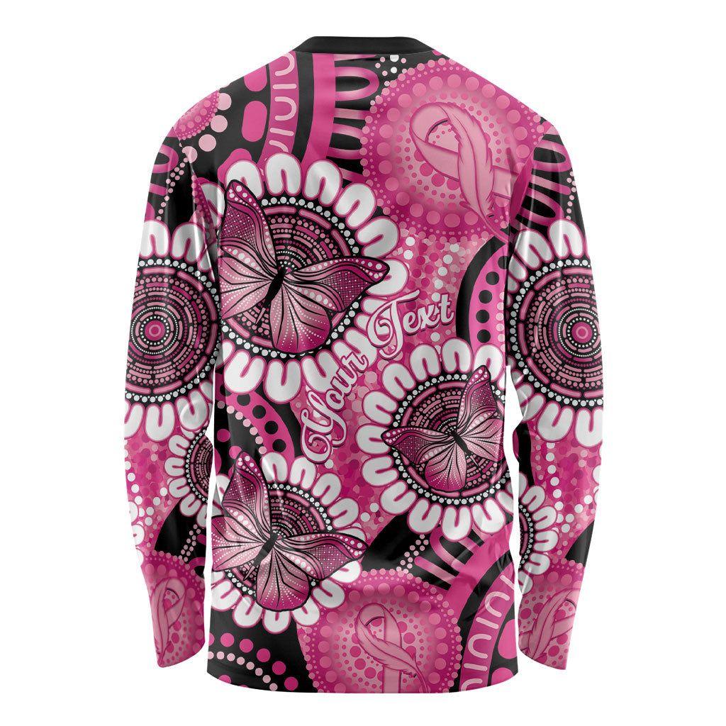 Personalised Australia Indigenous Long Sleeve Shirt Breast Cancer Ribbon Think Pink - Black Version