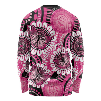 Personalised Australia Indigenous Long Sleeve Shirt Breast Cancer Ribbon Think Pink - Black Version