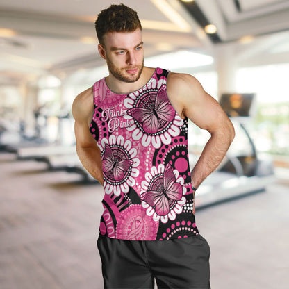 Personalised Australia Indigenous Men Tank Top Breast Cancer Ribbon Think Pink - Black Version