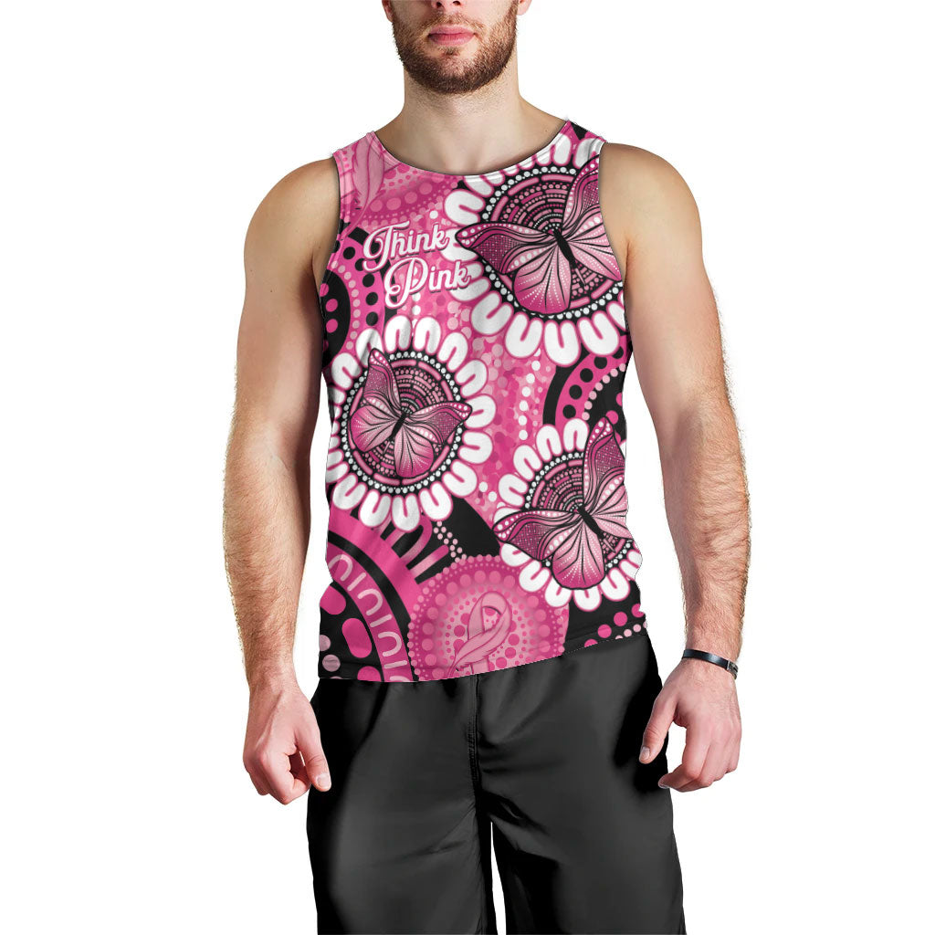 Personalised Australia Indigenous Men Tank Top Breast Cancer Ribbon Think Pink - Black Version