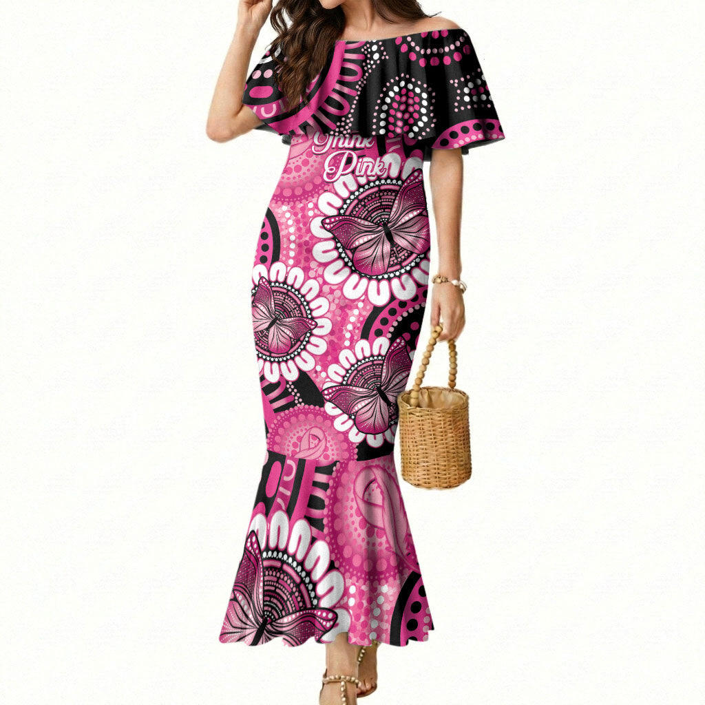 Personalised Australia Indigenous Mermaid Dress Breast Cancer Ribbon Think Pink - Black Version