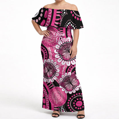 Personalised Australia Indigenous Off Shoulder Maxi Dress Breast Cancer Ribbon Think Pink - Black Version