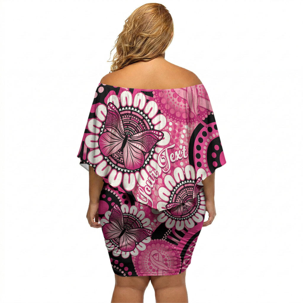Personalised Australia Indigenous Off Shoulder Short Dress Breast Cancer Ribbon Think Pink - Black Version
