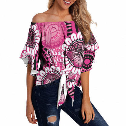 Personalised Australia Indigenous Off Shoulder Wrap Waist Top Breast Cancer Ribbon Think Pink - Black Version