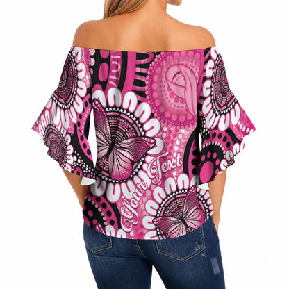 Personalised Australia Indigenous Off Shoulder Wrap Waist Top Breast Cancer Ribbon Think Pink - Black Version