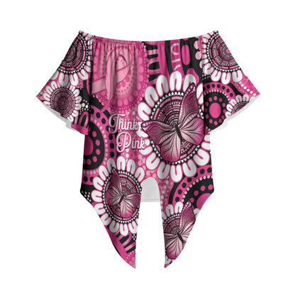 Personalised Australia Indigenous Off Shoulder Wrap Waist Top Breast Cancer Ribbon Think Pink - Black Version