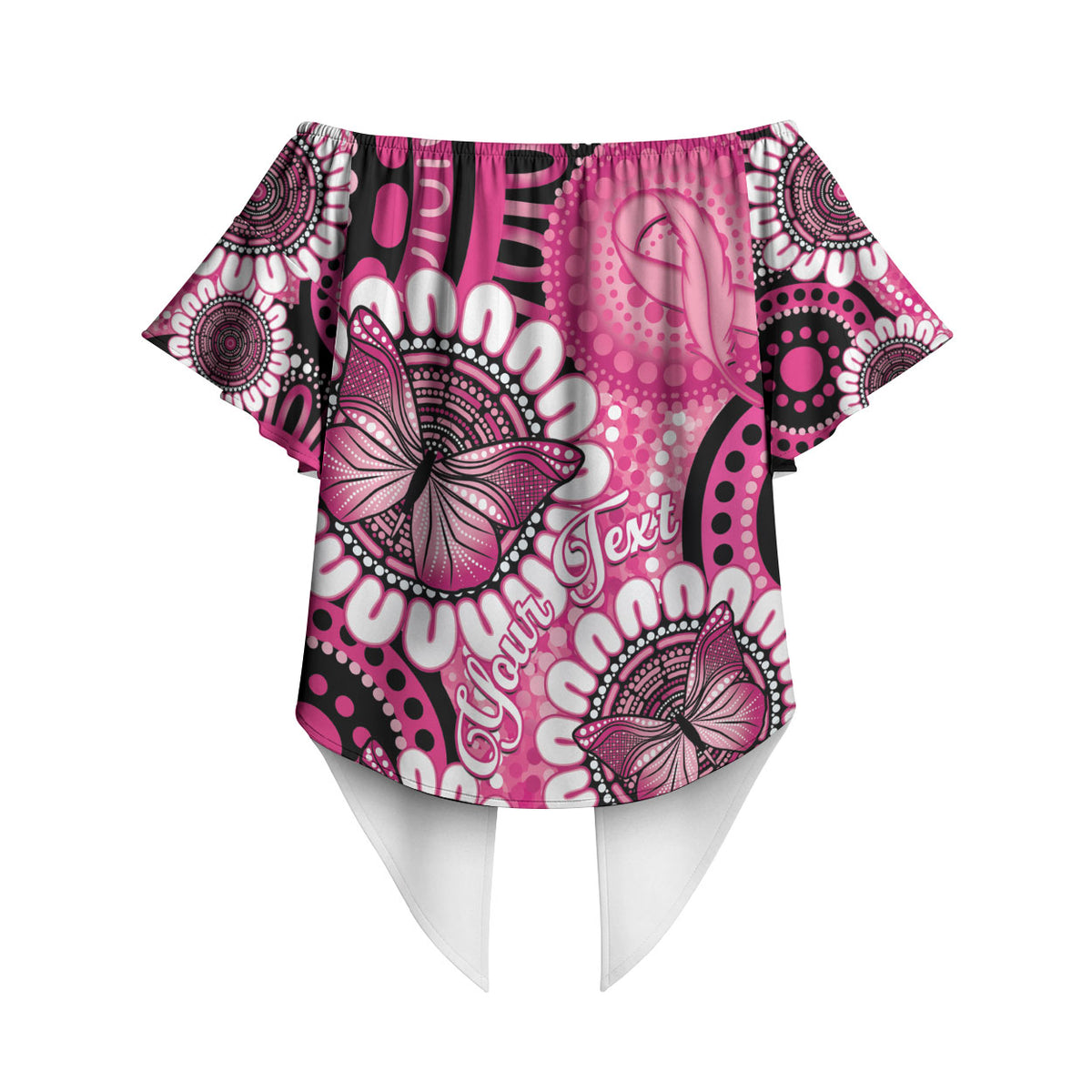 Personalised Australia Indigenous Off Shoulder Wrap Waist Top Breast Cancer Ribbon Think Pink - Black Version