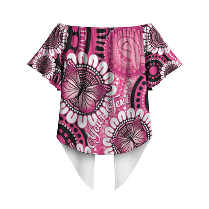 Personalised Australia Indigenous Off Shoulder Wrap Waist Top Breast Cancer Ribbon Think Pink - Black Version