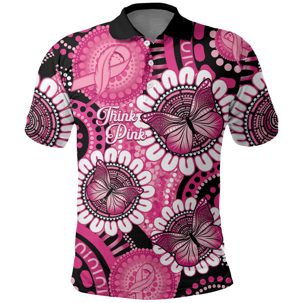 Personalised Australia Indigenous Polo Shirt Breast Cancer Ribbon Think Pink - Black Version