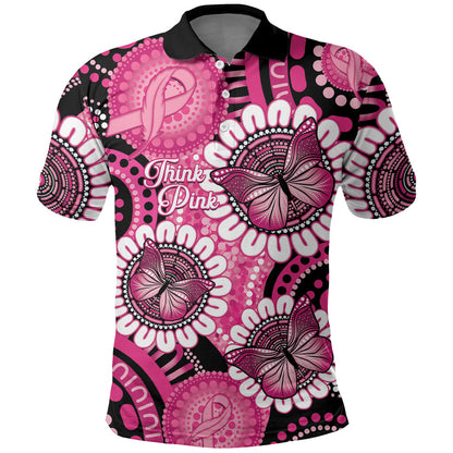 Personalised Australia Indigenous Polo Shirt Breast Cancer Ribbon Think Pink - Black Version