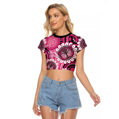 Personalised Australia Indigenous Raglan Cropped T Shirt Breast Cancer Ribbon Think Pink - Black Version