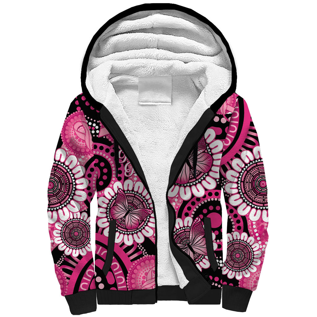 Personalised Australia Indigenous Sherpa Hoodie Breast Cancer Ribbon Think Pink - Black Version