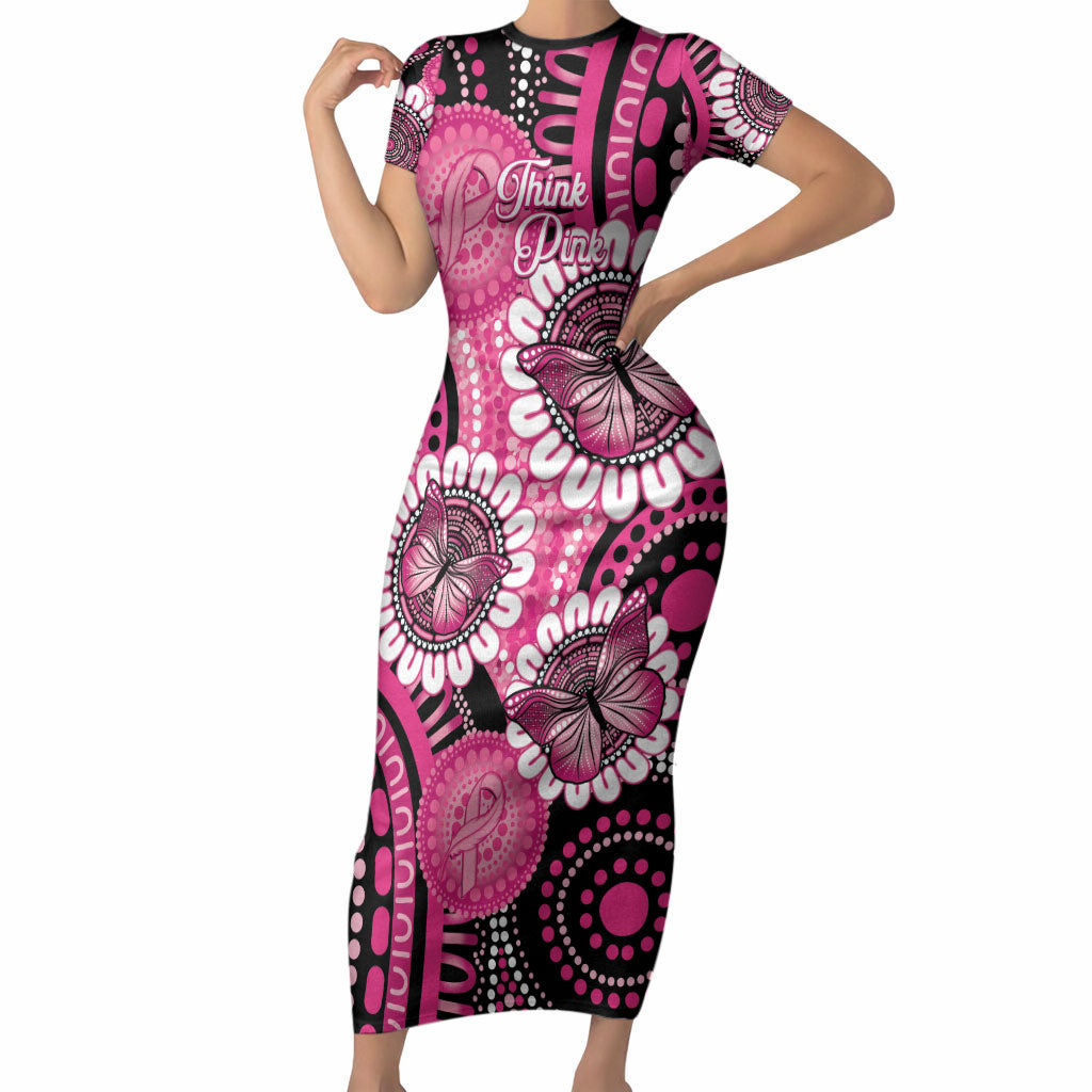 Personalised Australia Indigenous Short Sleeve Bodycon Dress Breast Cancer Ribbon Think Pink - Black Version