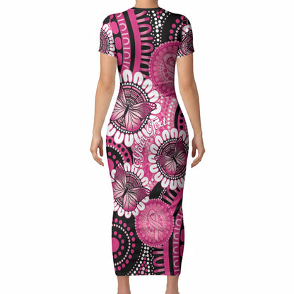 Personalised Australia Indigenous Short Sleeve Bodycon Dress Breast Cancer Ribbon Think Pink - Black Version