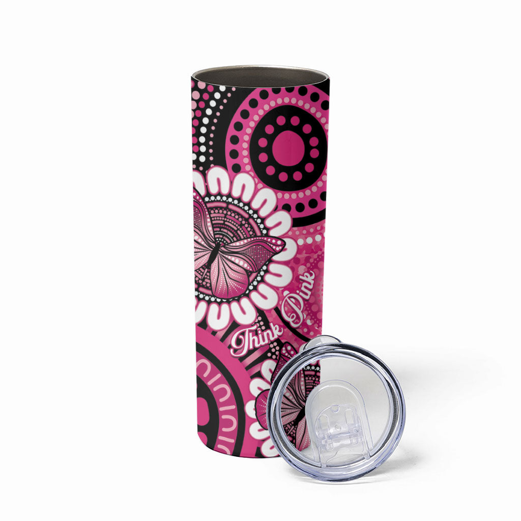 Personalised Australia Indigenous Skinny Tumbler Breast Cancer Ribbon Think Pink - Black Version
