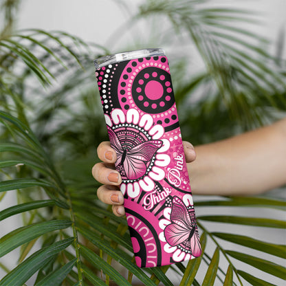 Personalised Australia Indigenous Skinny Tumbler Breast Cancer Ribbon Think Pink - Black Version