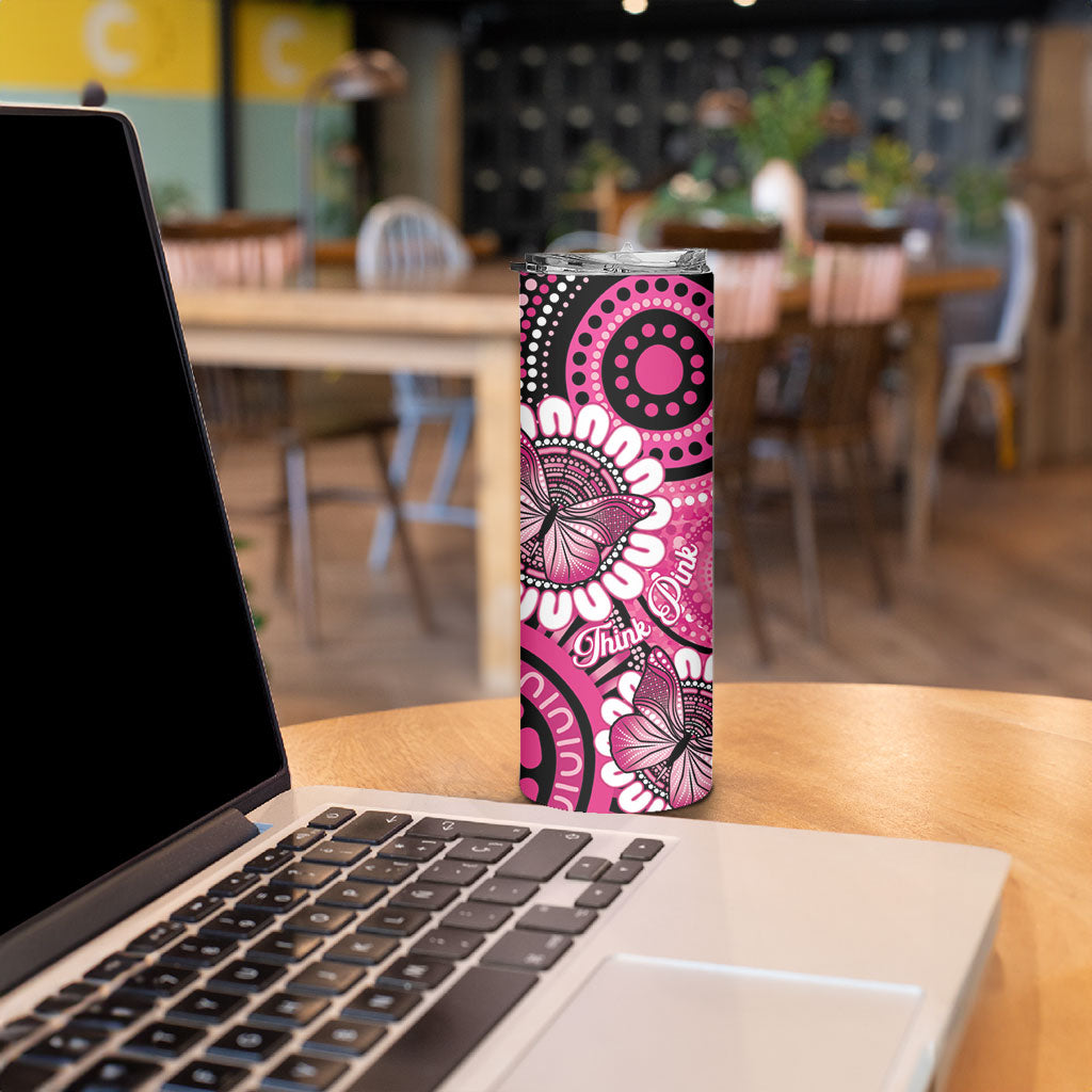 Personalised Australia Indigenous Skinny Tumbler Breast Cancer Ribbon Think Pink - Black Version