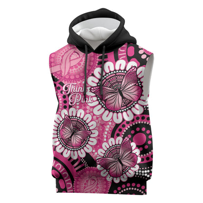 Personalised Australia Indigenous Sleeveless Hoodie Breast Cancer Ribbon Think Pink - Black Version