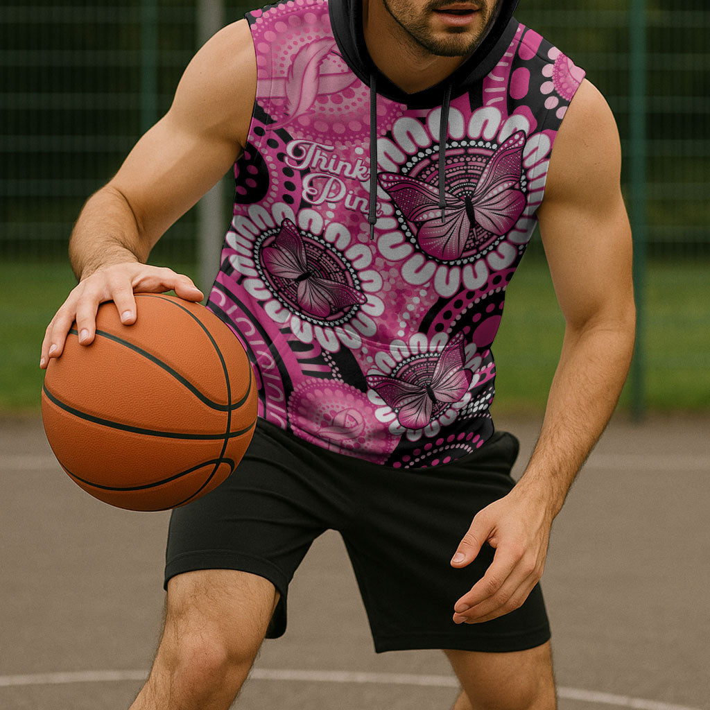 Personalised Australia Indigenous Sleeveless Hoodie Breast Cancer Ribbon Think Pink - Black Version