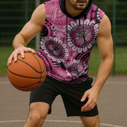 Personalised Australia Indigenous Sleeveless Hoodie Breast Cancer Ribbon Think Pink - Black Version