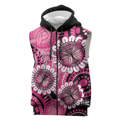Personalised Australia Indigenous Sleeveless Zip Hoodie Breast Cancer Ribbon Think Pink - Black Version