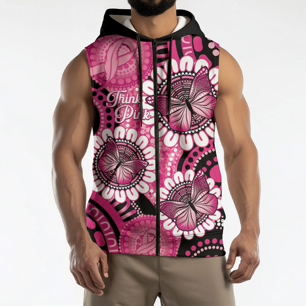 Personalised Australia Indigenous Sleeveless Zip Hoodie Breast Cancer Ribbon Think Pink - Black Version