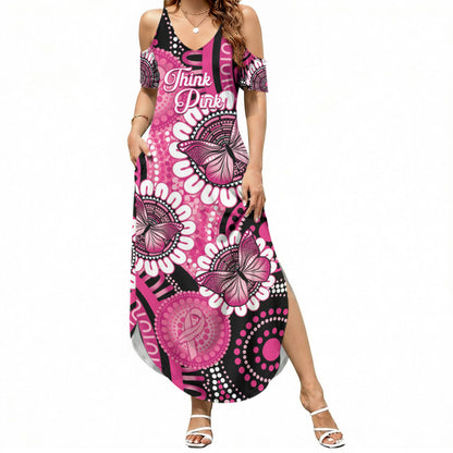 Personalised Australia Indigenous Summer Maxi Dress Breast Cancer Ribbon Think Pink - Black Version