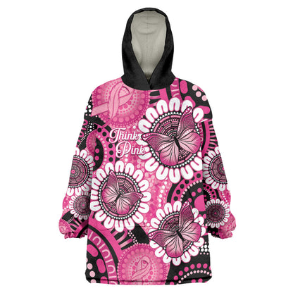 Personalised Australia Indigenous Wearable Blanket Hoodie Breast Cancer Ribbon Think Pink - Black Version