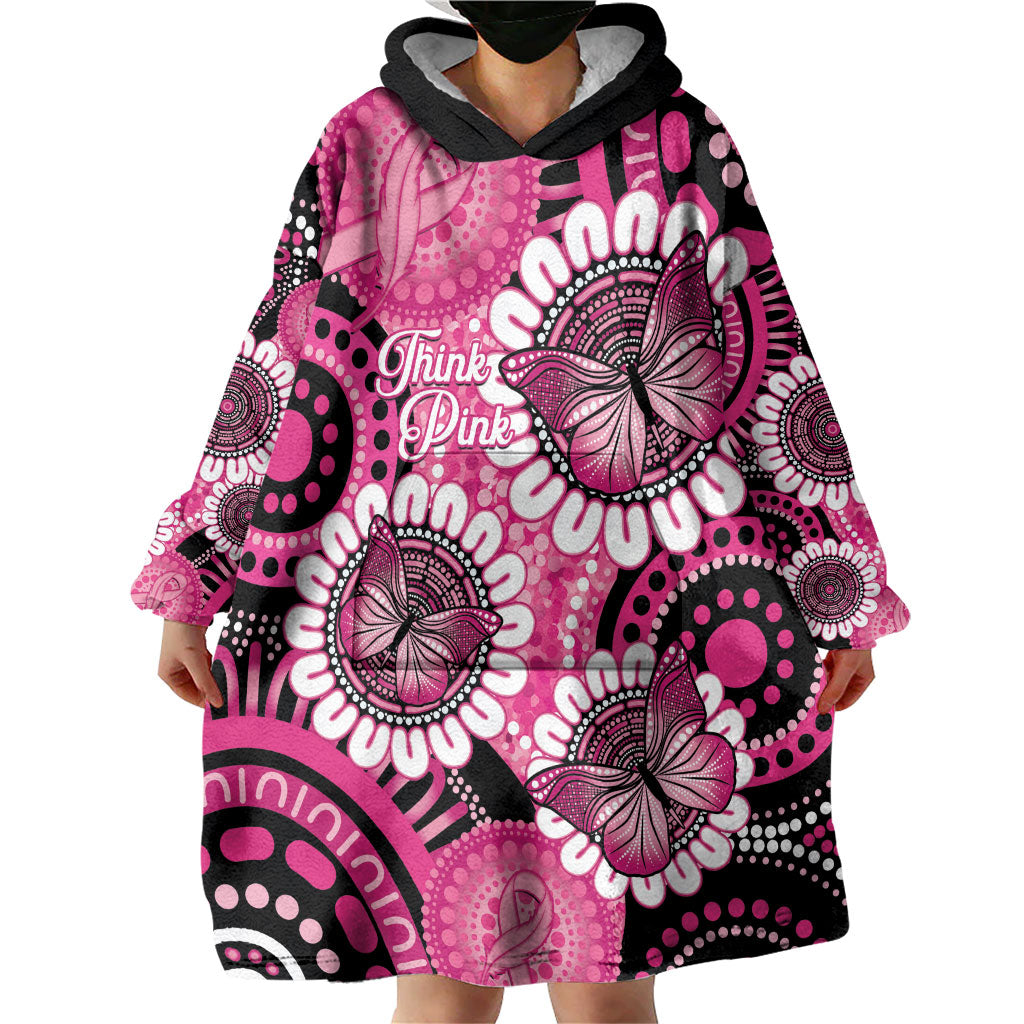Personalised Australia Indigenous Wearable Blanket Hoodie Breast Cancer Ribbon Think Pink - Black Version