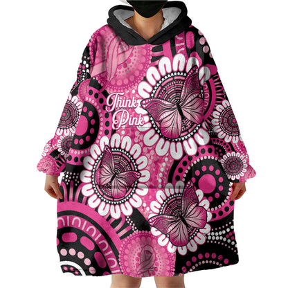 Personalised Australia Indigenous Wearable Blanket Hoodie Breast Cancer Ribbon Think Pink - Black Version