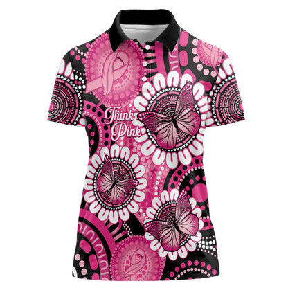 Personalised Australia Indigenous Women Polo Shirt Breast Cancer Ribbon Think Pink - Black Version