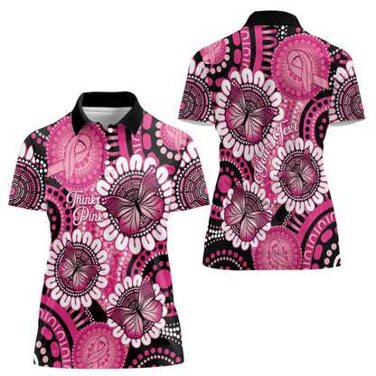 Personalised Australia Indigenous Women Polo Shirt Breast Cancer Ribbon Think Pink - Black Version