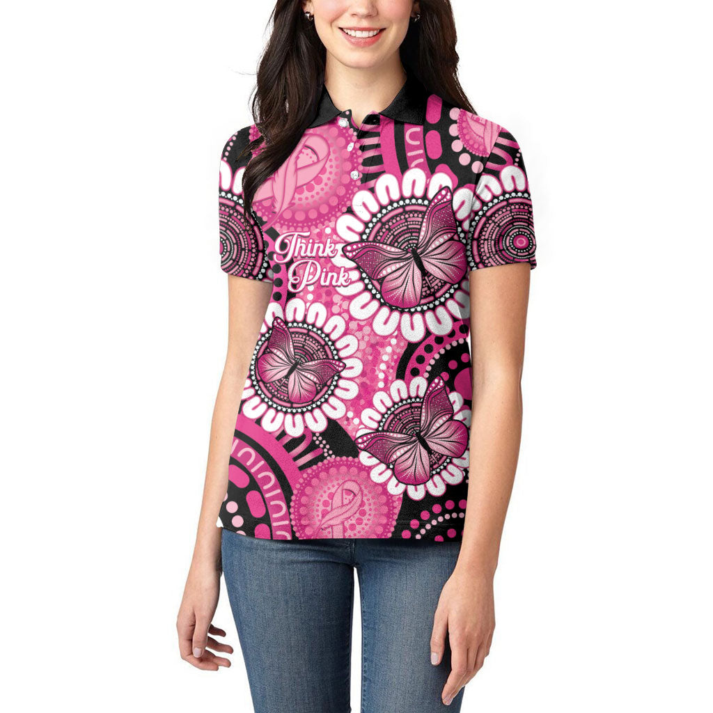 Personalised Australia Indigenous Women Polo Shirt Breast Cancer Ribbon Think Pink - Black Version