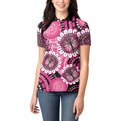 Personalised Australia Indigenous Women Polo Shirt Breast Cancer Ribbon Think Pink - Black Version