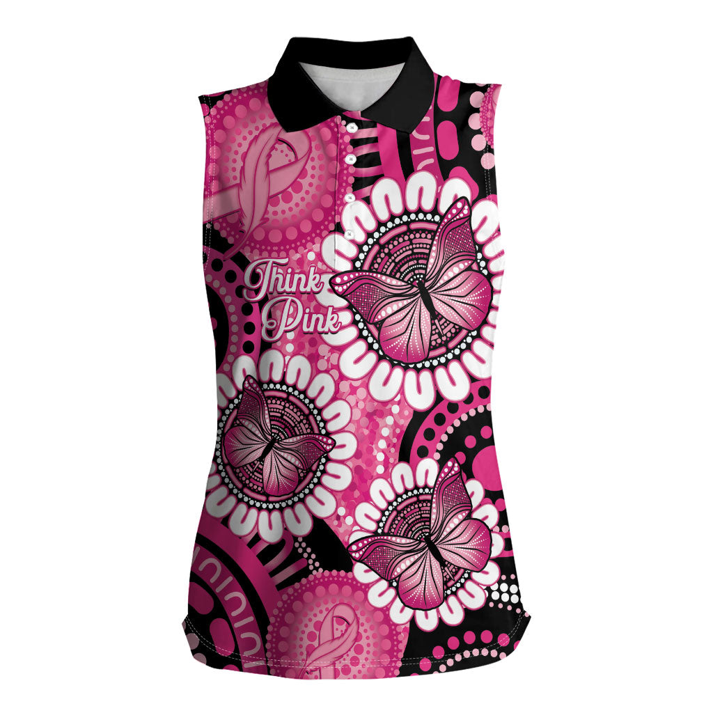 Personalised Australia Indigenous Women Sleeveless Polo Shirt Breast Cancer Ribbon Think Pink - Black Version
