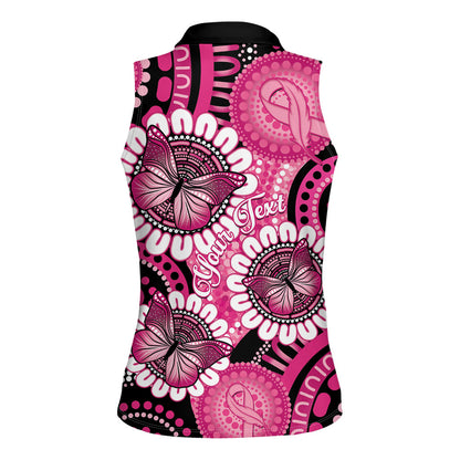 Personalised Australia Indigenous Women Sleeveless Polo Shirt Breast Cancer Ribbon Think Pink - Black Version