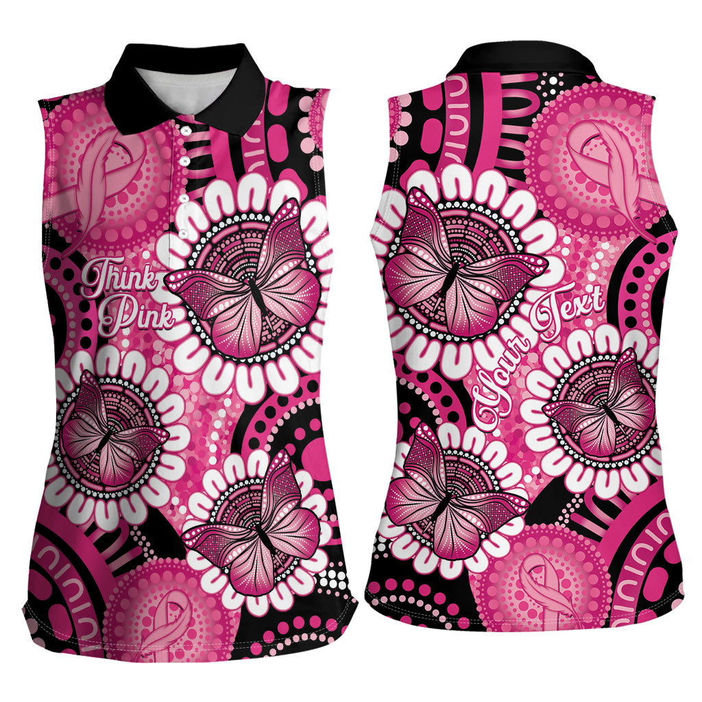 Personalised Australia Indigenous Women Sleeveless Polo Shirt Breast Cancer Ribbon Think Pink - Black Version